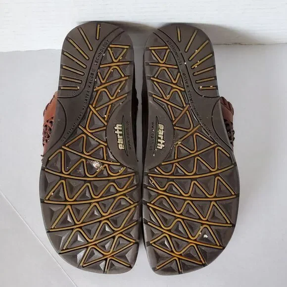 Earth Shoes Salsa Mahogany Leather Thong Sandals Boho Woven Slides Sz 6 Hippie - Picture 7 of 8